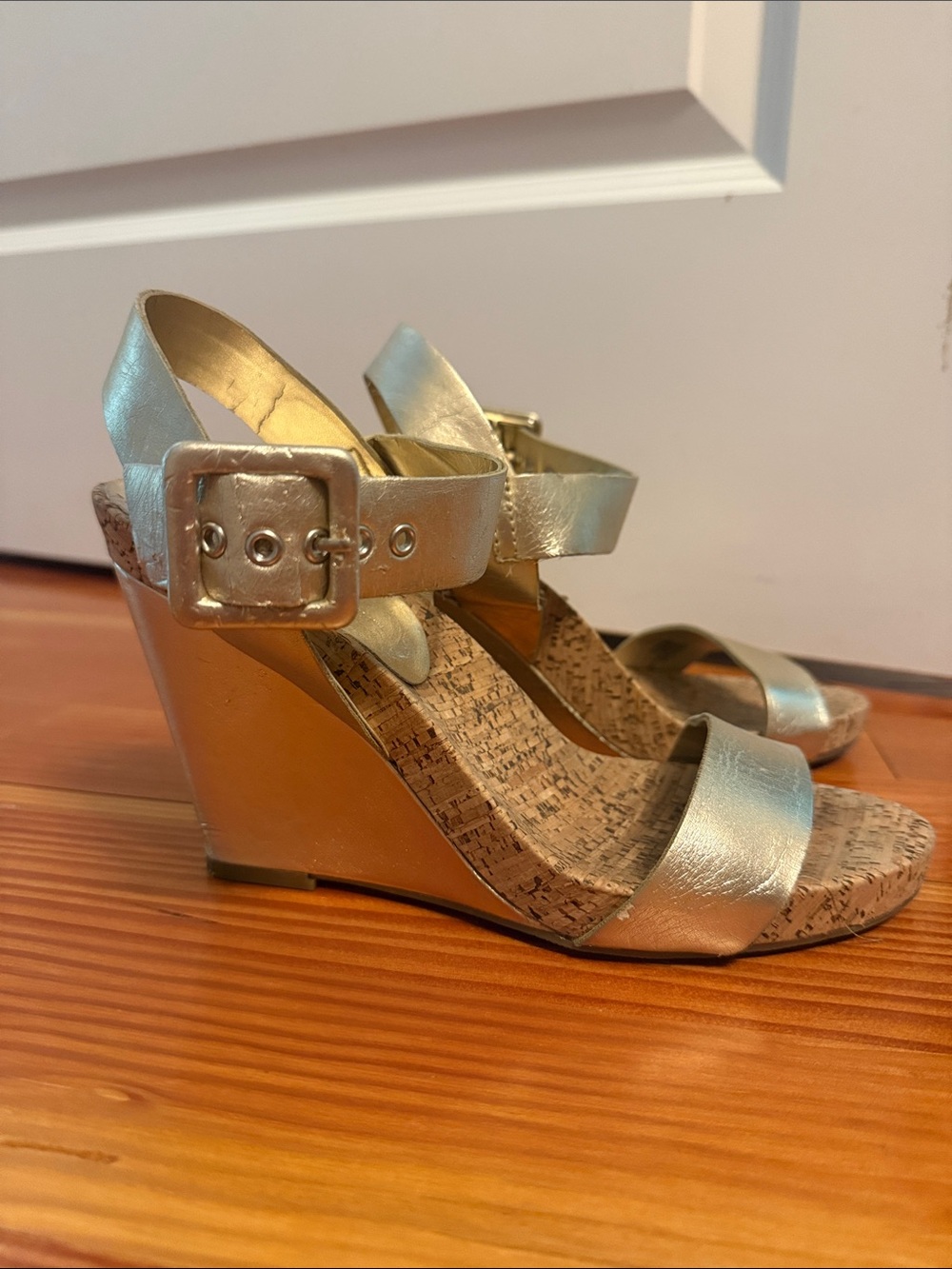 BCBGeneration Metallic Gold Wedge Sandals with Cork Insole